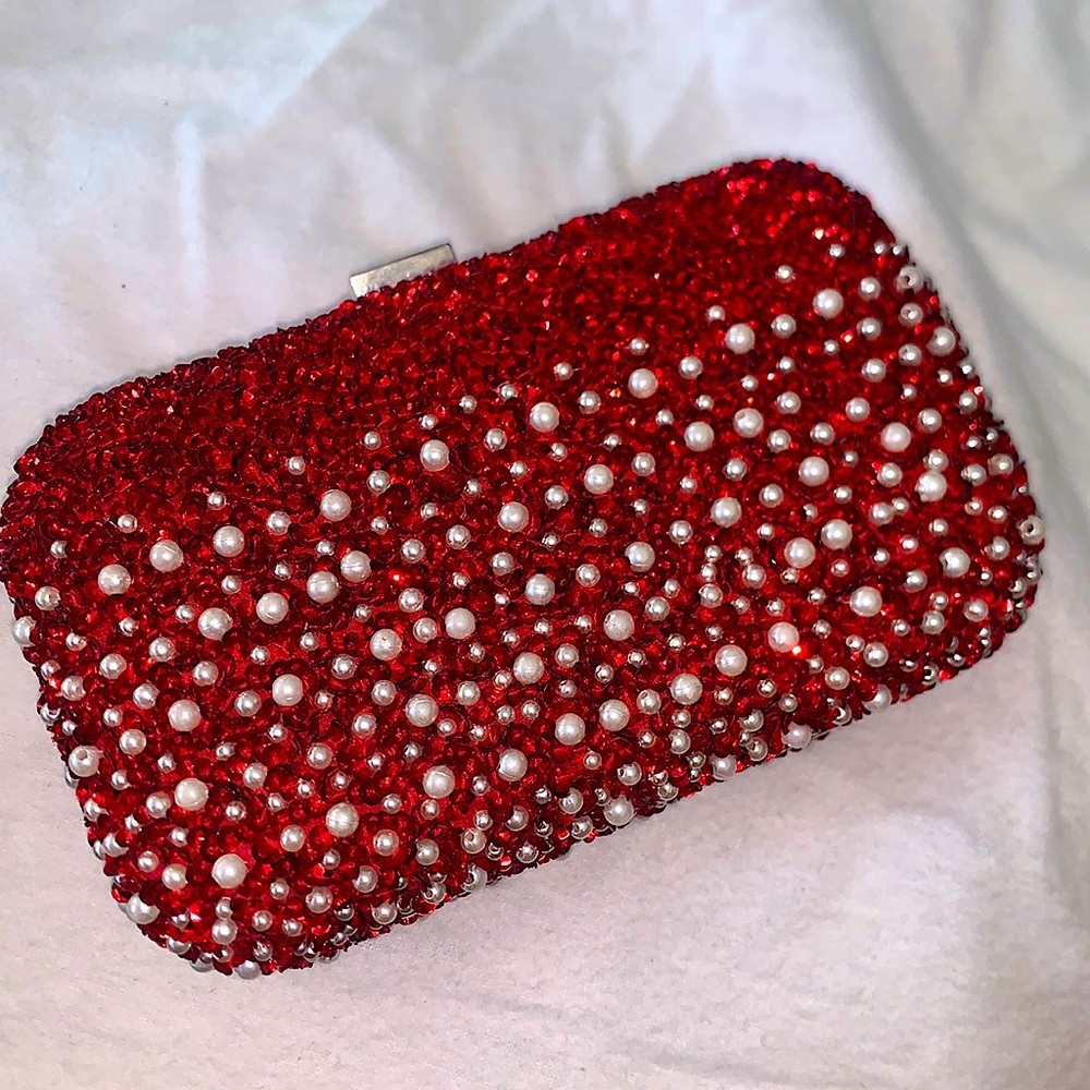 Santi Red Sequin Imitation Pearl Satin Clutch